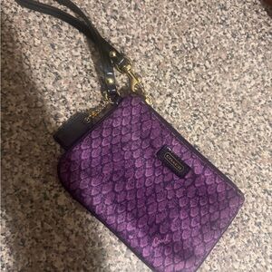 Coach Purple Signature Pattern Wristlet with Gold Hardware
